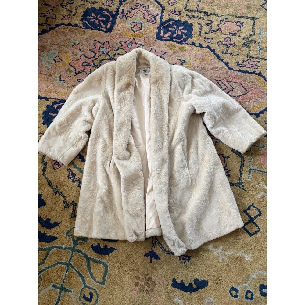 Tissavel France 100% Fake Faux Fur White Coat Made in USA LARGE Women's